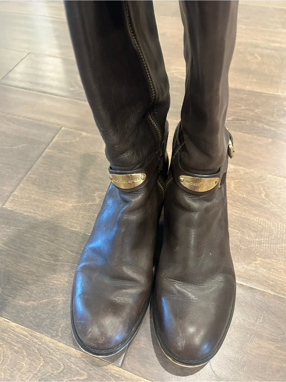 Michael Kors Dark Brown Leather Riding Boots with Gold Hardware